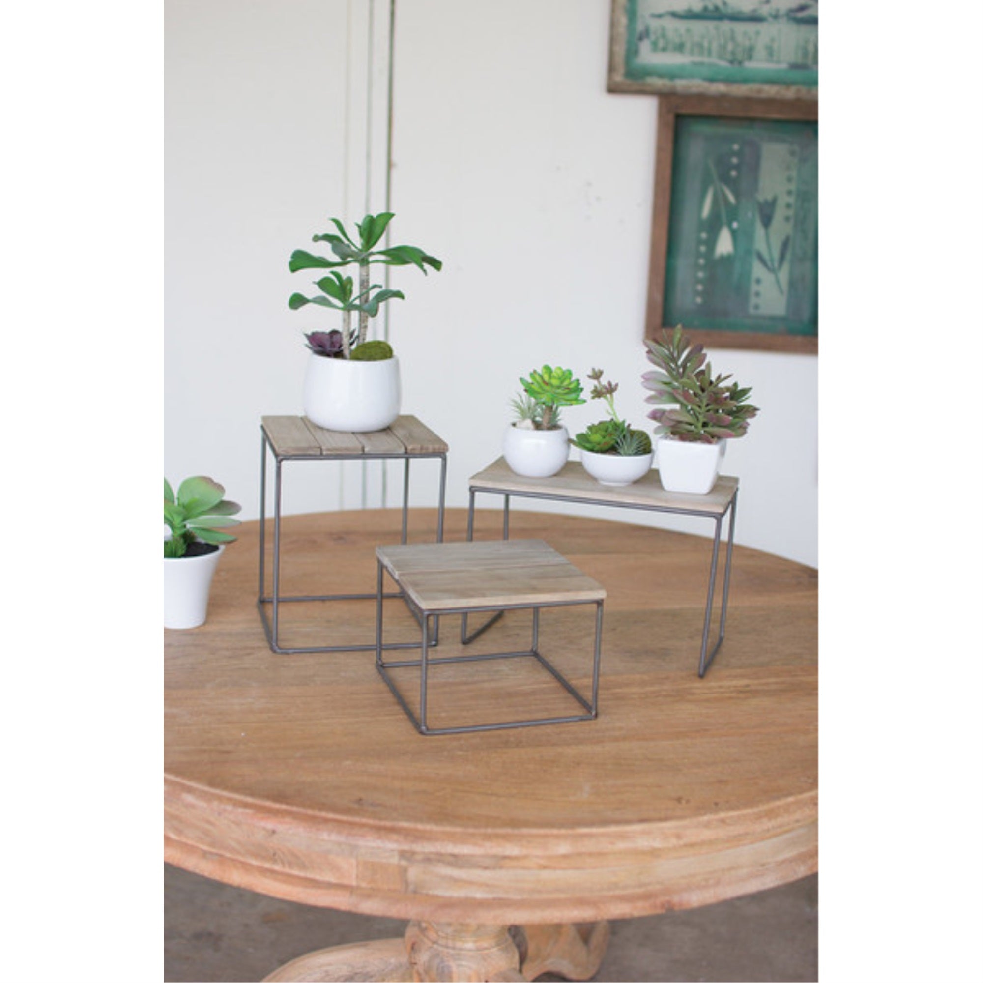 Set Of Three Wood And Metal Table Top Risers