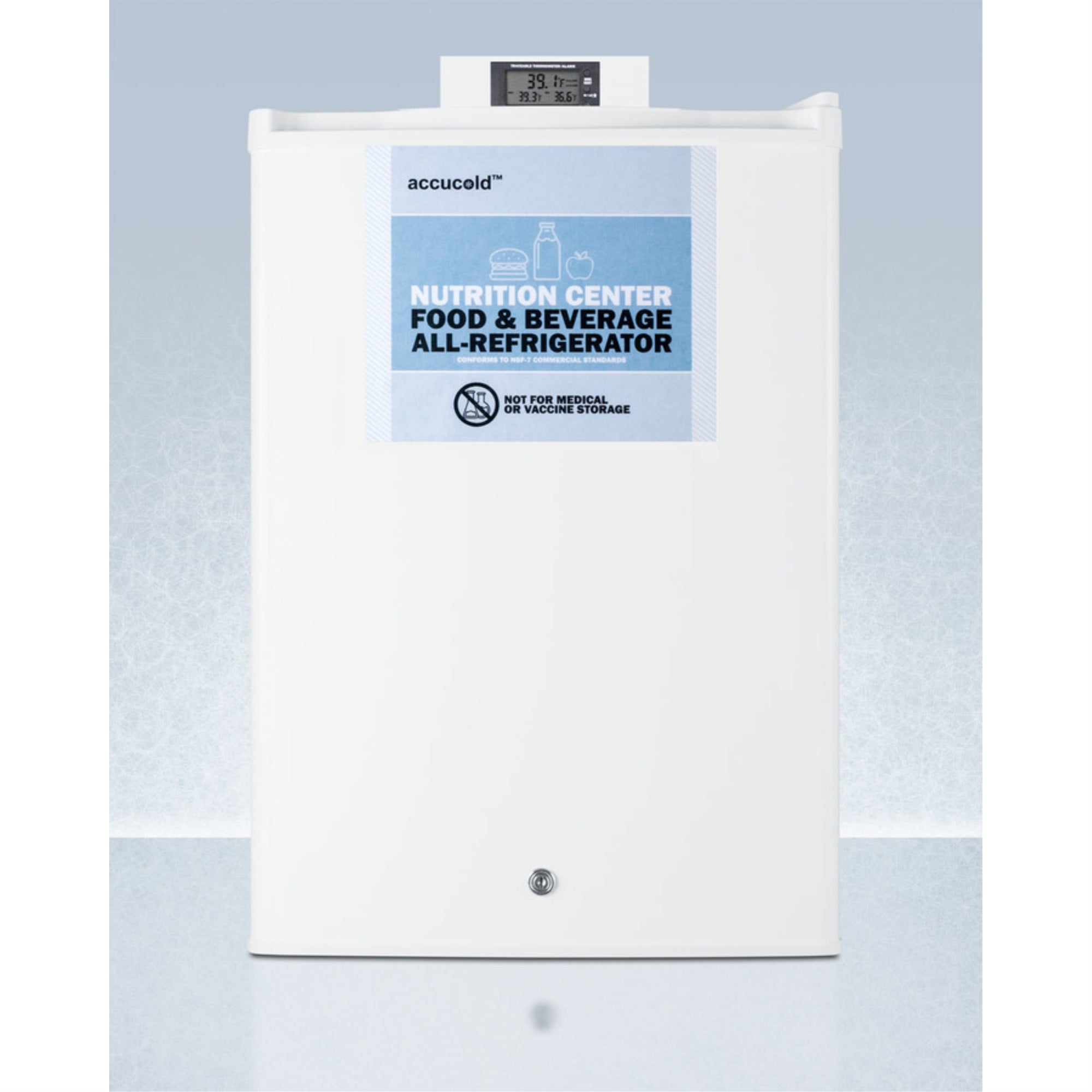 Compact Commercially Approved Nutrition Center Series All-Refrigerator In White With Front Lock And Digital Temperature Display