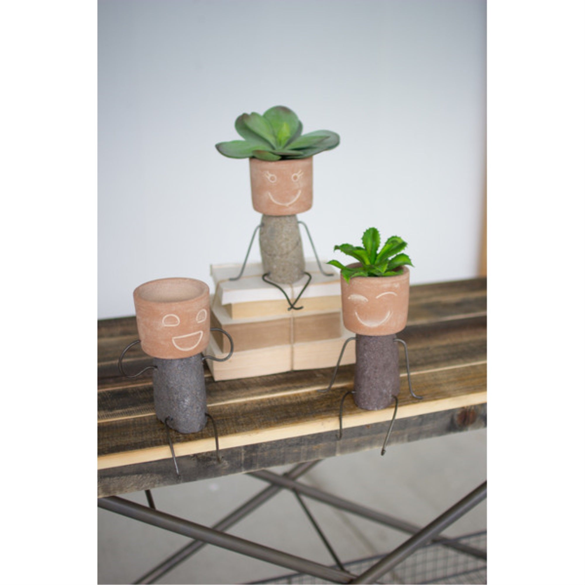 Set Of Three Clay & River Rock Pot Head Shelf Sitters