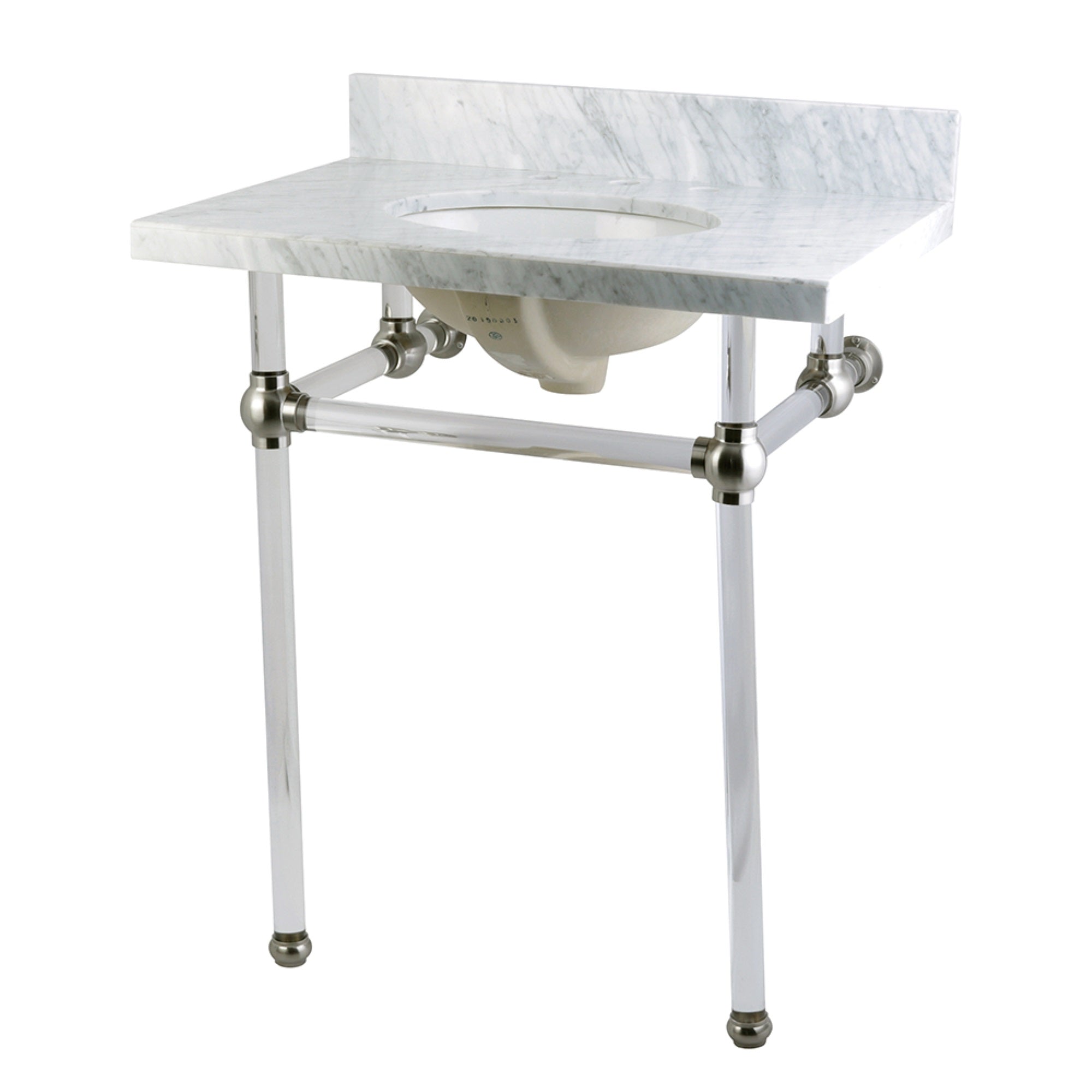 Kingston Brass Kvpb30Ma8 Templeton 30X22 Carrara Marble Vanity Top With Clear Acrylic Feet Combo, Carrara Marble/Brushed Nickel