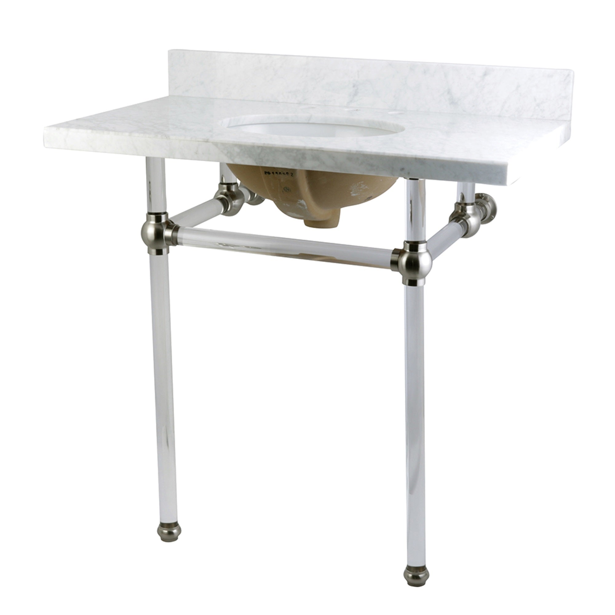 Kingston Brass Kvpb36Ma8 Templeton 36X22 Carrara Marble Vanity Top With Clear Acrylic Feet Combo, Carrara Marble/Brushed Nickel