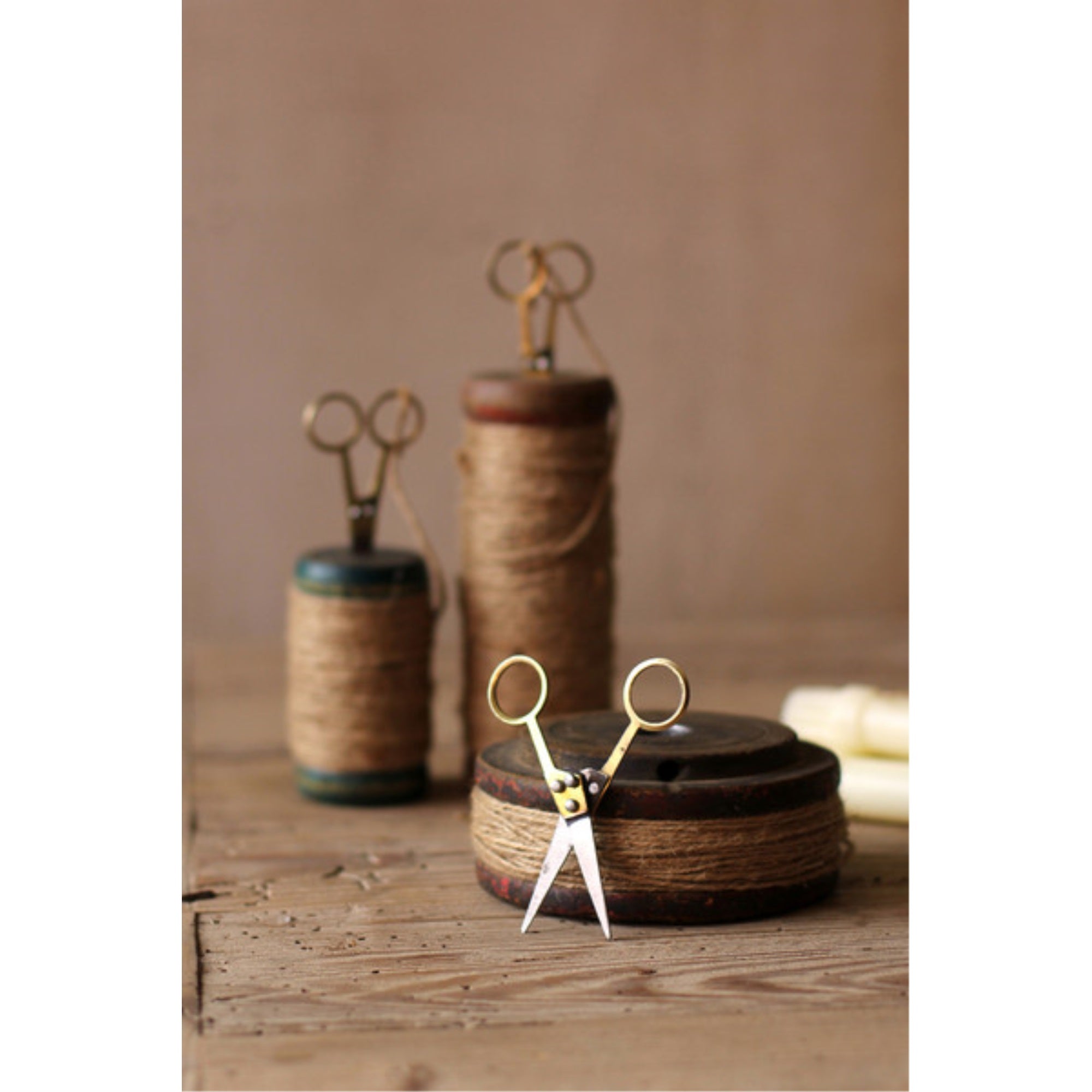 Set Of Three Wooden Spools With Jute Twine And Scissors