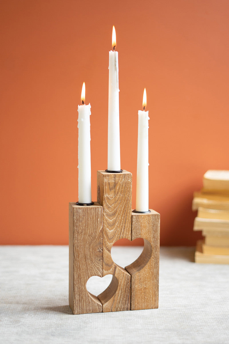 Triple Reclaimed Heart Wood Taper Candle Holder
