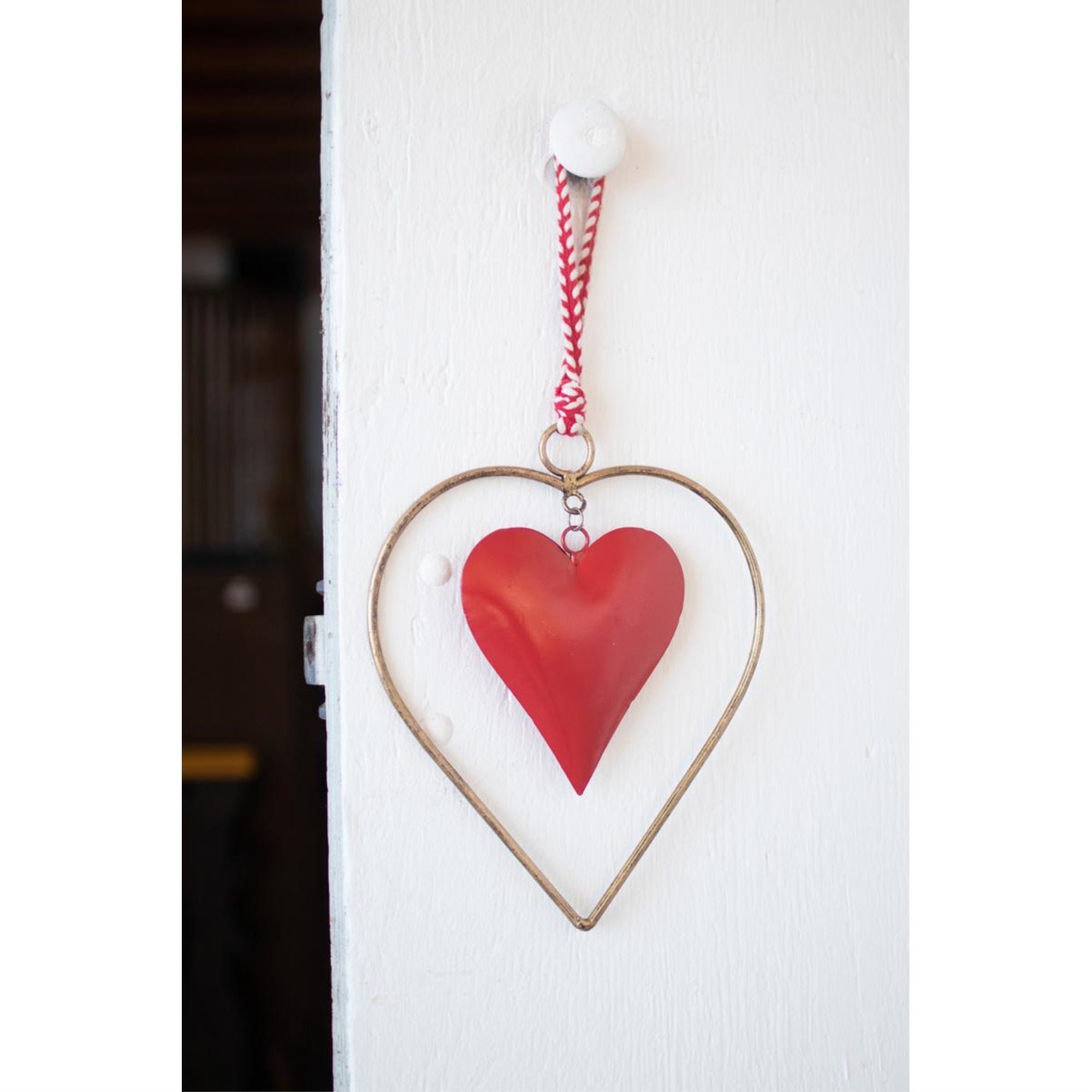 Antique Brass And Red Heart Door Hanger