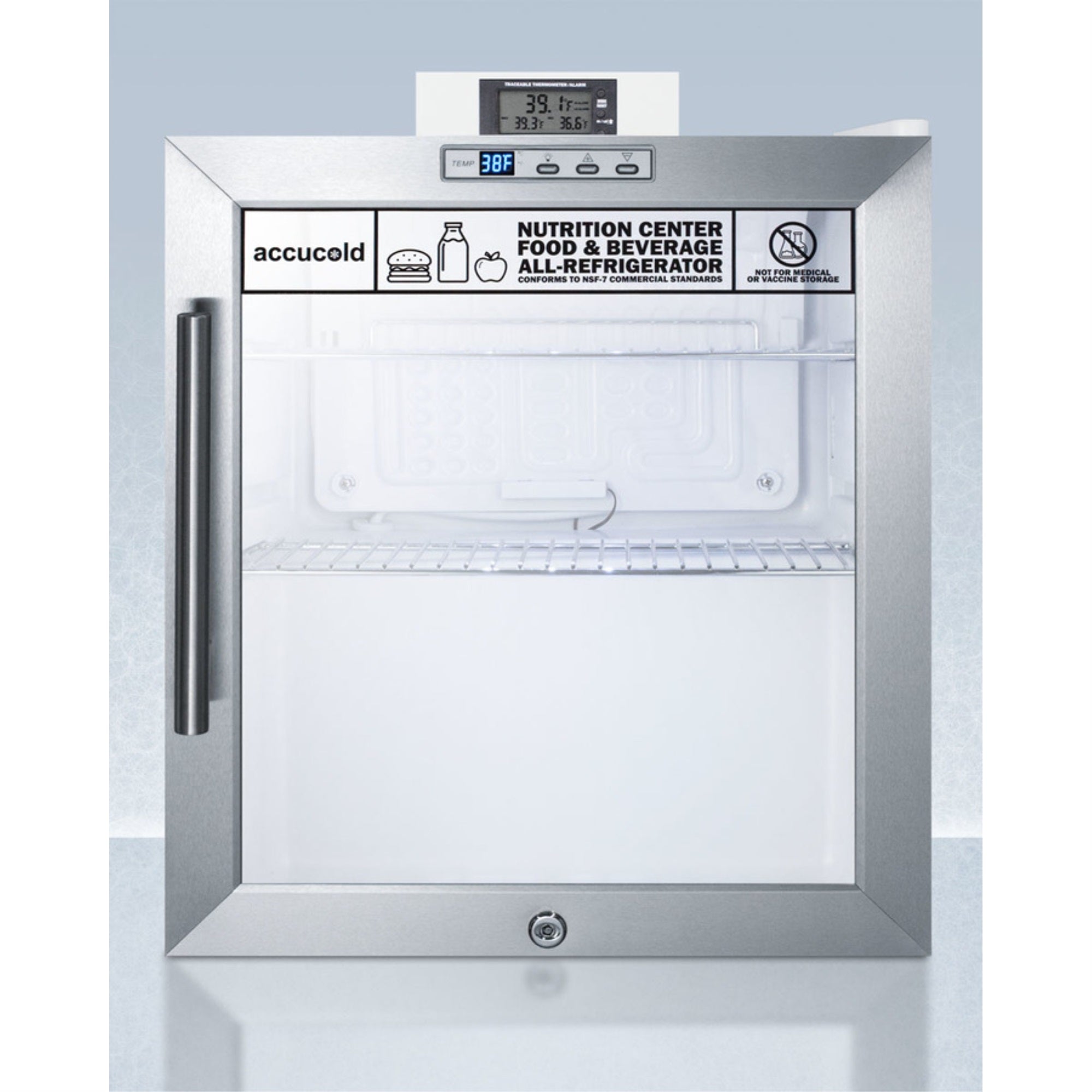 Commercially Approved Compact Nutrition Center Series Glass Door All-Refrigerator With Front Lock And Digital Temperature Displa